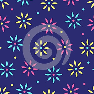 Seamless pattern of geometric abstract flowers of different colors on a dark blue background, daisies, asters. Vector illustration