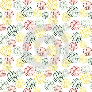 Seamless pattern, geometric abstraction. Vector. Dotted circles in green, red, yellow colors. Round geometric simple