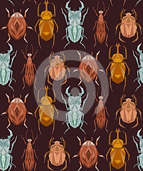 Seamless pattern with geometric insects in row on brown background. Vector texture with geometric stag beetle, flying ant, ladybug