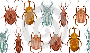 Seamless pattern with geometric insects in row on white background. Vector texture with geometrical stag beetle