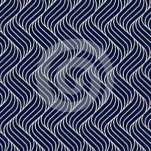 Seamless pattern geometric line. Blue background wavy stripe. Modern waves texture. Repeated swirl. Intricate pipple curly twist.