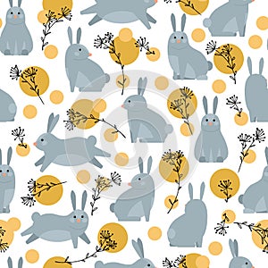 Seamless pattern with geometric minimalistic bunnies, line art flowers and colored circles