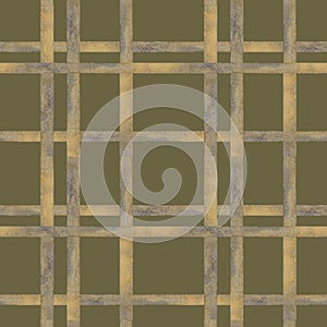 Seamless pattern of geometric stripes and checks of golden beige ribbon from an old vintage writing set. Watercolor