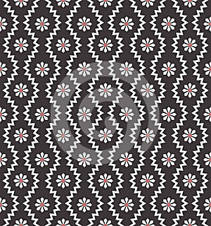 Seamless pattern with geometric zigzag and small flowers. Abstract black and white floral texture. Simple monochrome