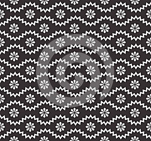 Seamless pattern with geometric zigzag and small flowers, snowflakes, stars. Abstract black and white texture. Simple