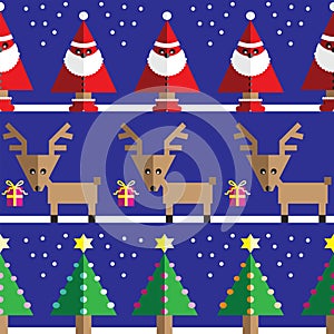 Seamless pattern with geometrical Reindeer, gifts, Santa Claus, snow, Christmas trees with light blue, orange, pink lights