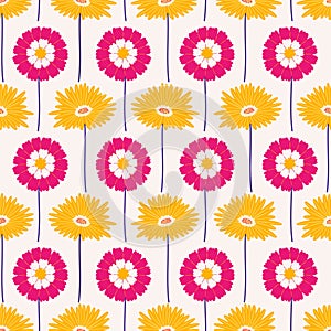 Seamless pattern with gerbera and zinnia flowers on a beige background
