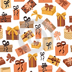 Seamless pattern of gift boxes with bows, paper boxes with ribbon on white background