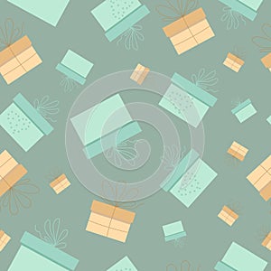 Seamless pattern with gift boxes of different sizes in green and yellow on a dark gray-green background in vector