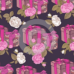 Seamless pattern with gift boxes and flowers