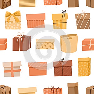 Seamless pattern of gift craft boxes, paper boxes on white background