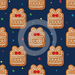 Seamless Pattern with Gingerbread Gift Box on Blue. Christmas Cookie