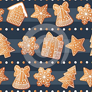 Seamless pattern with gingerbread house, gift, snowflake, fir tree. Suitable for fabric, wrapping paper, wallpaper, background,