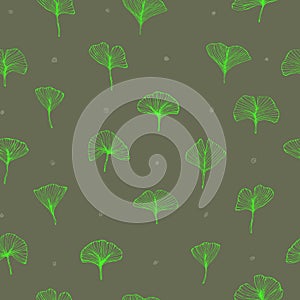 Seamless pattern with ginkgo biloba leaves, textured hand drawn outline leaf veins