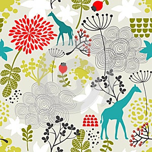 Seamless pattern with giraffe and flowers.