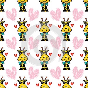 Seamless pattern with giraffe head and hearts.
