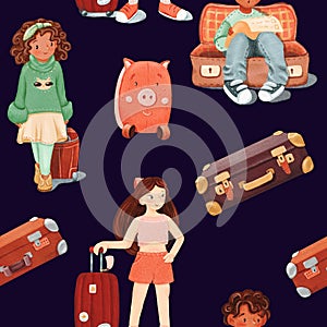 Seamless pattern of girl with luggage, a dark-skinned smiling girl, boy sits in open empty brown retro suitcase. todolist. Dark photo