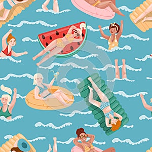 Seamless pattern of a girl in swimsuits swims in the sea on inflatable things