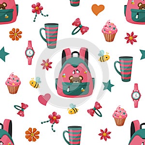 Seamless pattern with girls backpack and cupcake