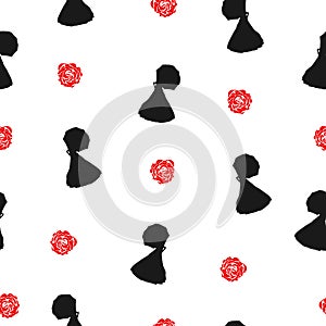 Seamless pattern with girls black silhouette and red roses isolated on white background. Drawn victorian lady and flowers texture