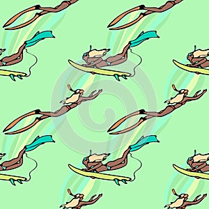 Seamless pattern with girls with surf boards diving under water in the ocean.