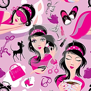 Seamless pattern with glamor lovely girls slipping