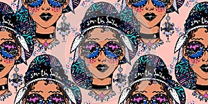 Seamless pattern of glamorous beautiful sailor girl looking at the beach and water waves through cool geometric glasses.