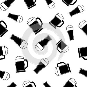 Seamless pattern with glass of beer. Black flat icon pint on white background. Icon beer mug. Modern design for print on fabric