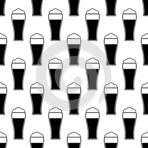 Seamless pattern with glass of beer. Black flat icon pint on white background. Icon beer mug. Modern design for print on fabric,