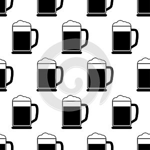 Seamless pattern with glass of beer. Black flat icon pint on white background. Icon beer mug. Modern design for print on fabric,