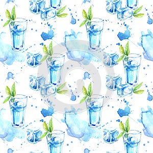 Seamless pattern of a glass of cocktail and ice.Picture of a alcoholic drink.