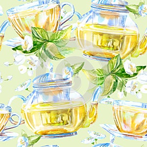 Seamless pattern of a glass cup. Green tea of a jasmine.