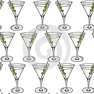 Seamless pattern glass of Dry Martini cocktail and olives on a white background. Hand drawing. Vector illustration. cartoon style