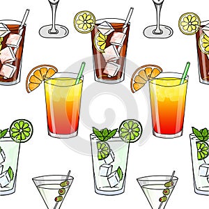 Seamless pattern. glass of mojito Long Island Ice Tea White background. Hand drawing Vector illustration. cartoon style.