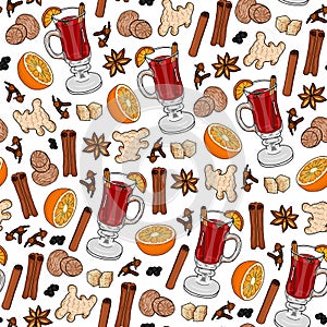 Seamless pattern from a glass of mulled wine, orange, ginger, anise, cinnamon, clove spice, nutmeg, cane sugar, black