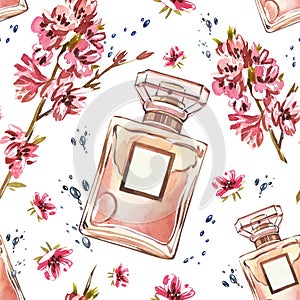 Seamless pattern glass perfume bottle with branch pink flowers isolated on white. Watercolor hand drawing illustration