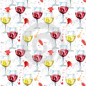 Seamless pattern of a glass red and white wine and splash.
