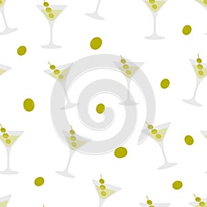 Seamless pattern glass with vermouth and olives