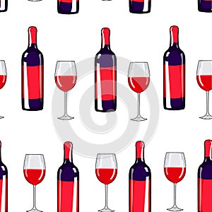 Seamless pattern glass of wine and wine bottle. Alcohol background. Hand drawing wine. Vector illustration red wine. Red