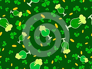 Seamless pattern with glasses of green beer, clover leaves and gold coins for St. Patrick\'s Day