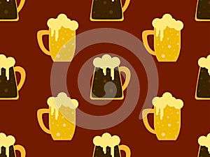 Seamless pattern with glasses of light and dark beer. Mug of beer with foam in flat style