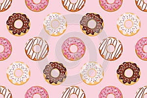 Seamless pattern with glazed donuts. Pink colors. Girly. For print and web. photo