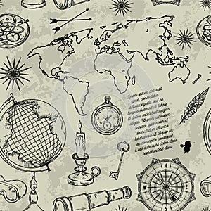 Seamless pattern with globe, compass, world map and wind rose. Vintage science objects set in steampunk style.