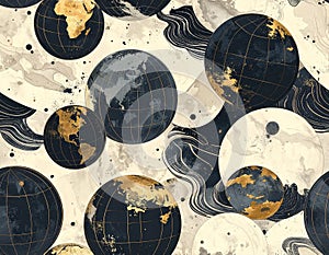 Seamless Pattern with Globes and Abstract Waves
