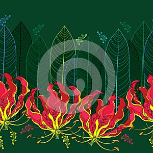 Seamless pattern with Gloriosa superba or flame lily, tropical flower and leaf on the dark green background.