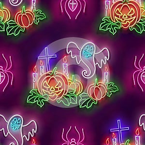 Seamless pattern with glow Jack o\'Lantern Pumpkin, Ghosts and Spiders
