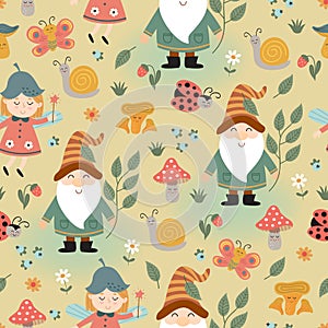 Seamless pattern with  gnome, fairy, mushrooms, insect