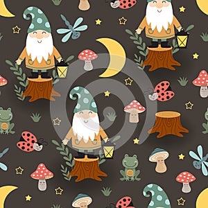 Seamless pattern with  gnome, insect, frog and mushrooms