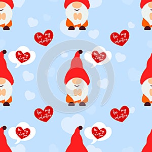 Seamless pattern with gnomes, cloud, heart. Valentines day background. Love concept. For wallpaper, gift box,