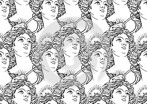 Seamless pattern with goddess portraits of Ancient Greece. High-detailed black outlines isolated on white.